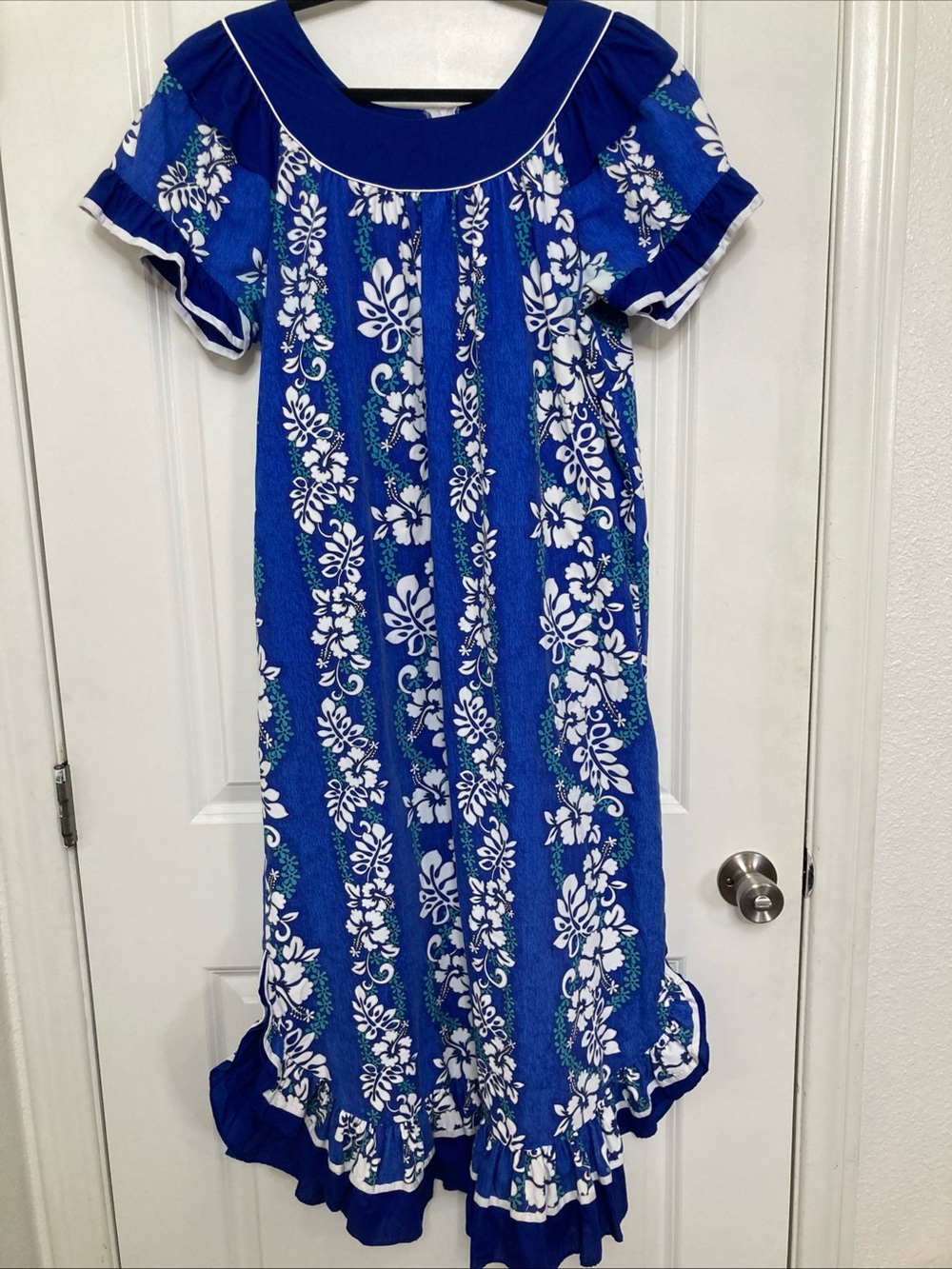Vintage Rainbow Hawaii Maxi Dress Blue Floral Ruffled Mumu Sz XL
